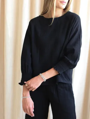Zoe Peasant Blouse- Black NonChafe Tag Placement