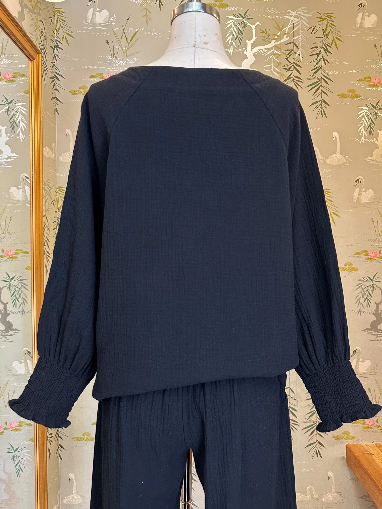 Zoe Peasant Blouse- Black BondedHemline