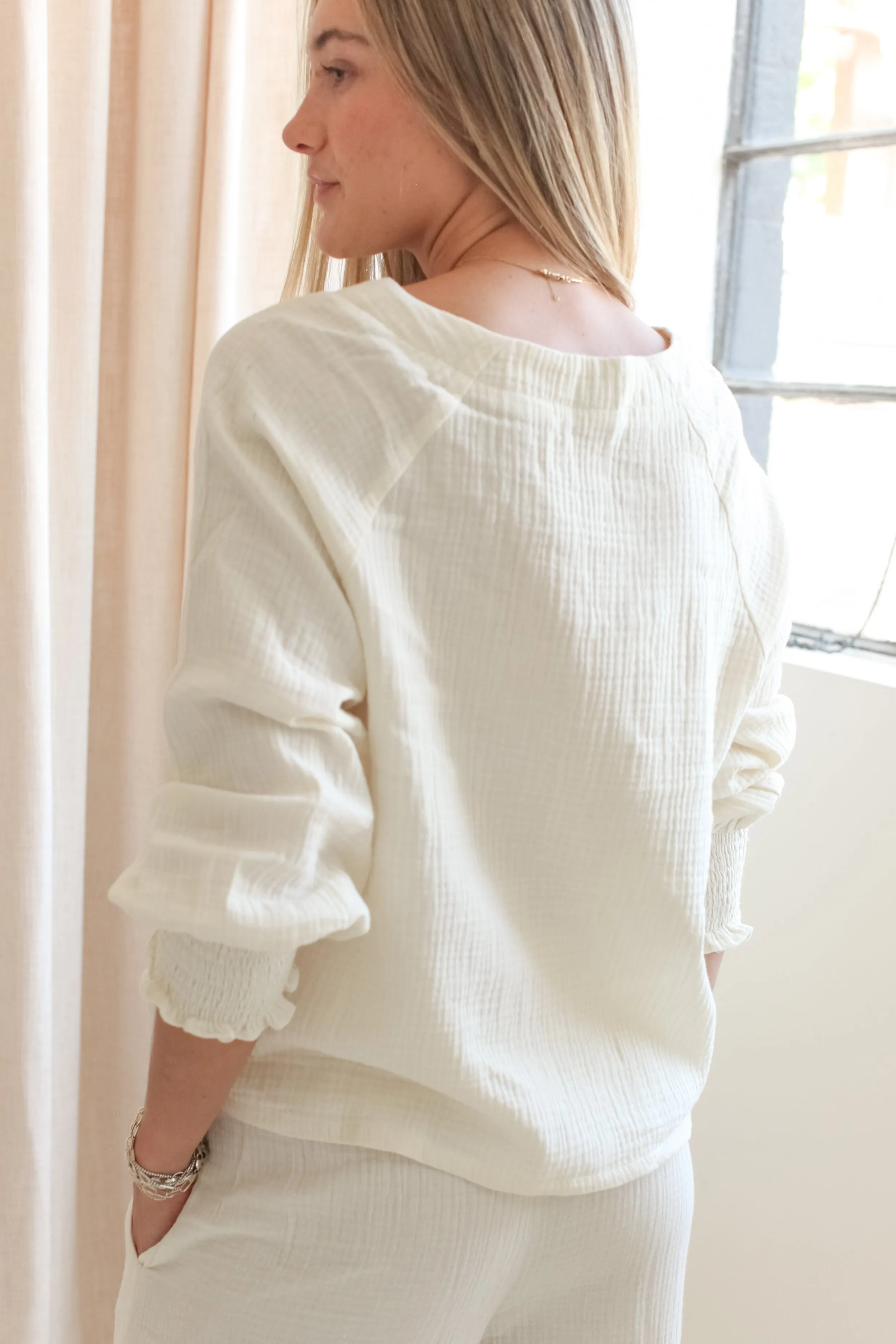 Zoe Peasant Blouse - Ivory Double Needle Stitching