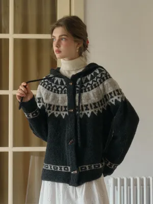 Durable Reinforced Hem Zoya Notched Collar Fair Isle SR Exclusive Design Claw Button Wool Hoodie Cardigan