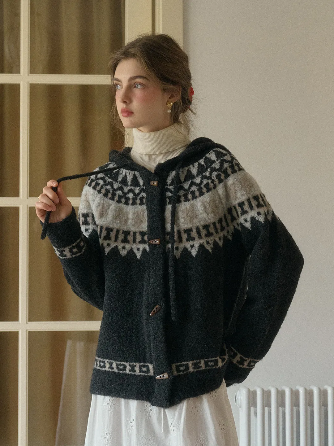 Durable Reinforced Hem Zoya Notched Collar Fair Isle SR Exclusive Design Claw Button Wool Hoodie Cardigan