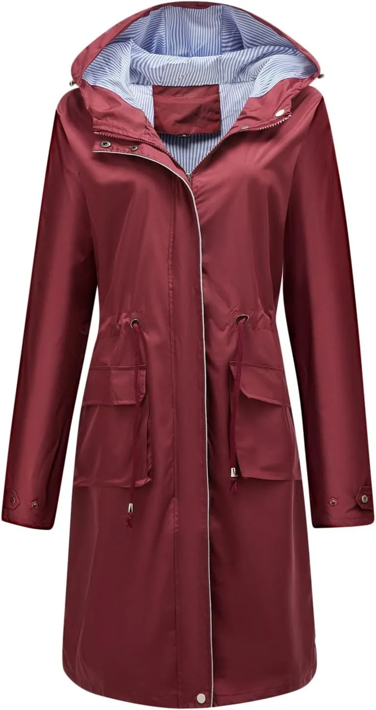 ZYXTIM Women's Long Hooded Trench Coat Lightweight Softshell Jacket Windproof Waterproof Zip Up Outdoor Jacket Functional