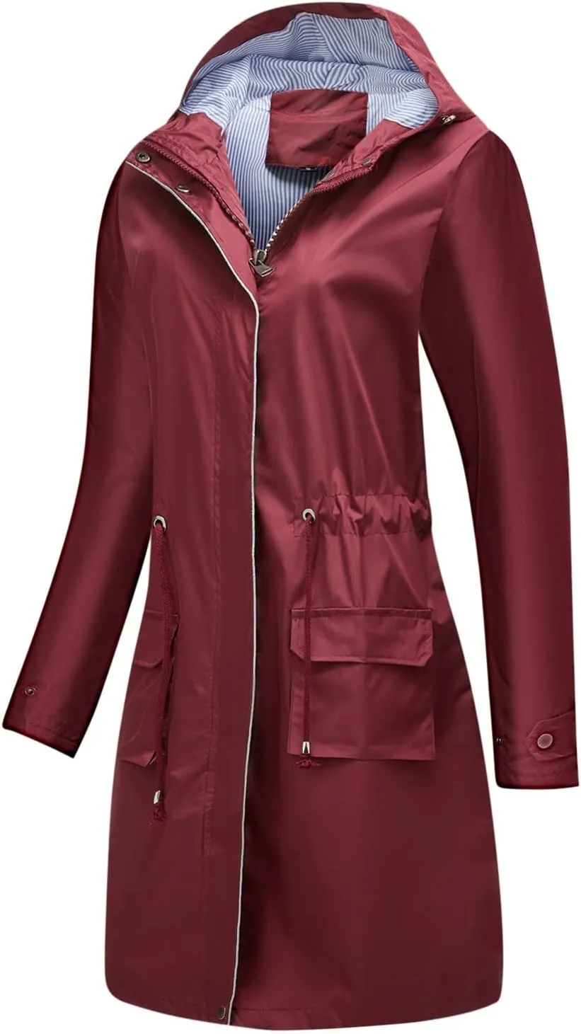 ZYXTIM Women's Long Hooded Trench Coat Lightweight Softshell Jacket Windproof Waterproof Zip Up Outdoor Jacket Functional