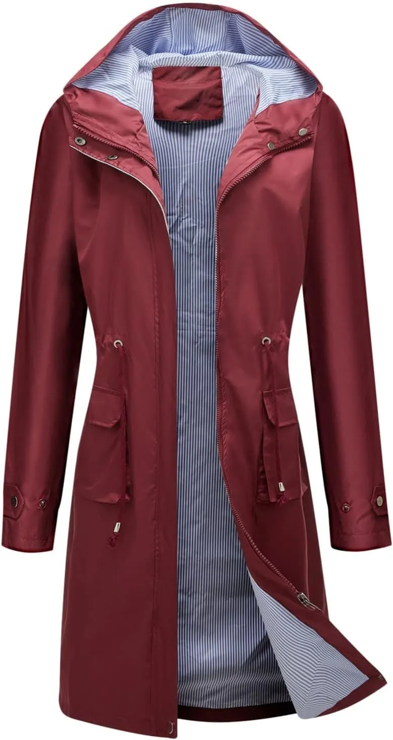 ZYXTIM Women's Long Hooded Trench Coat Lightweight Softshell Jacket Windproof Waterproof Zip Up Outdoor Jacket Functional