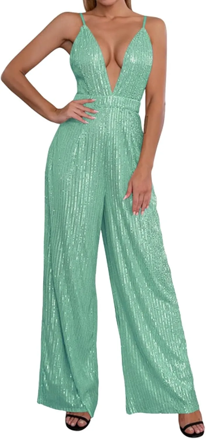 ZYXTIM Womens Sexy V-Neck Sparkly Jumpsuits Backless High Waist Wide Leg Jumpsuits Fashion Slim Fit Flowy Evening Dresses