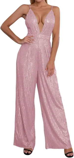 ZYXTIM Womens Sexy V-Neck Sparkly Jumpsuits Backless High Waist Wide Leg Jumpsuits Fashion Slim Fit Flowy Evening Dresses
