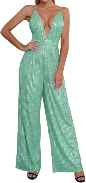 ZYXTIM Womens Sexy V-Neck Sparkly Jumpsuits Backless High Waist Wide Leg Jumpsuits Fashion Slim Fit Flowy Evening Dresses