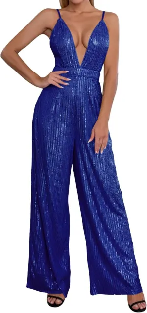 ZYXTIM Womens Sexy V-Neck Sparkly Jumpsuits Backless High Waist Wide Leg Jumpsuits Fashion Slim Fit Flowy Evening Dresses
